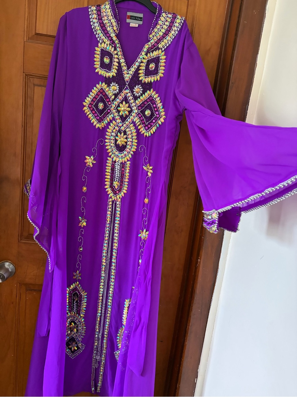 Embroidered Kaftan Dress in Vibrant Purple - Sheer Long Sleeve